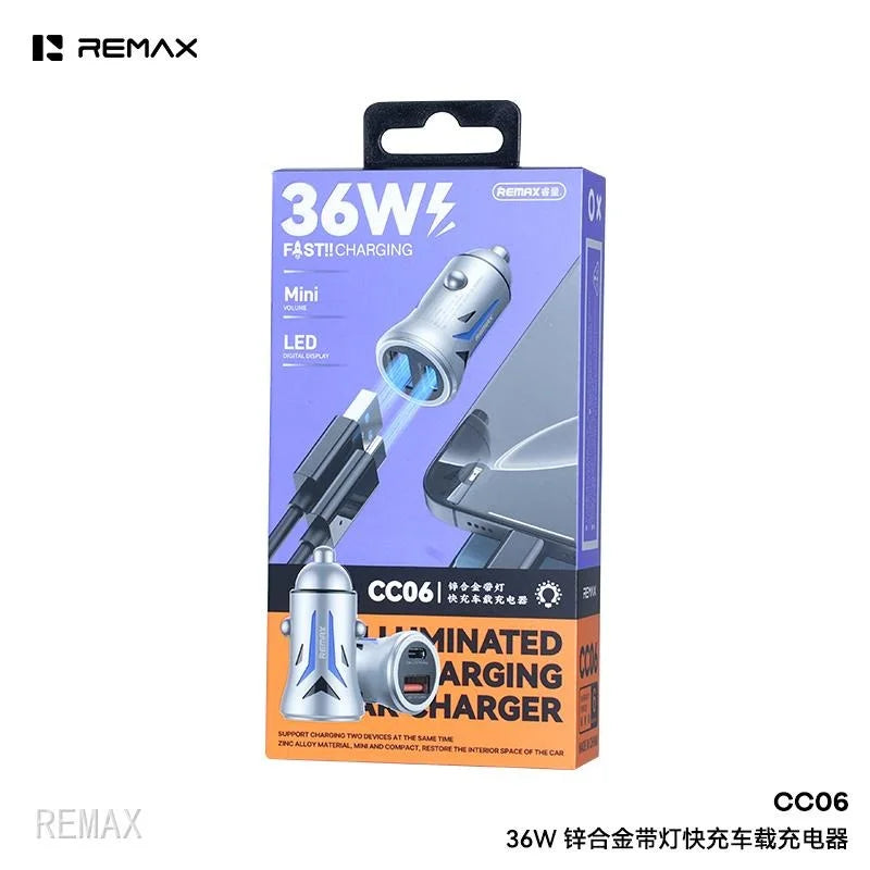 Remax Cc06 36w Dual-port Zinc Alloy Fast Car Charger With Led Light