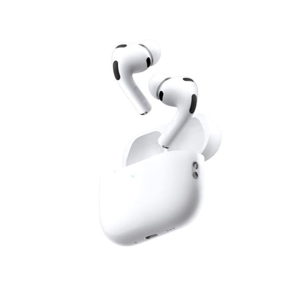 White wireless earbuds with charging case, sleek design for music and calls