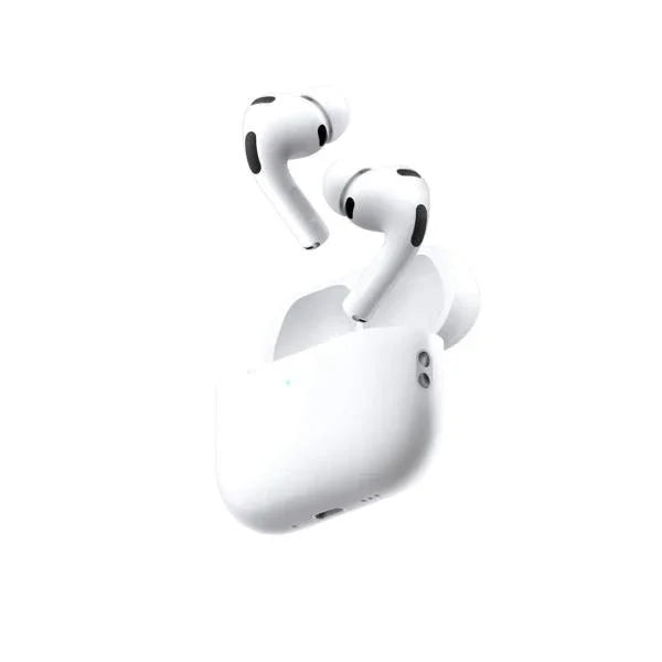 White wireless earbuds with charging case, sleek design for music and calls