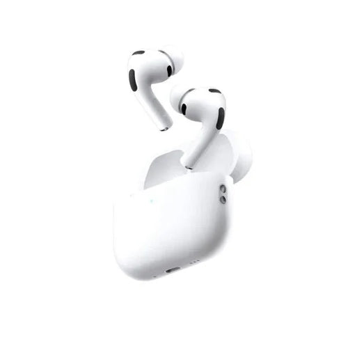 White wireless earbuds with charging case, sleek design for music and calls