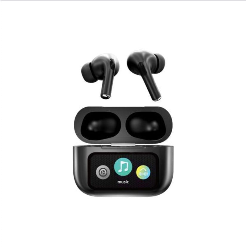 Black wireless earbuds with charging case displaying music controls and battery status