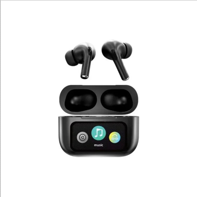 Black wireless earbuds with charging case displaying music controls and battery status