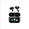 Black wireless earbuds with charging case displaying music controls and battery status