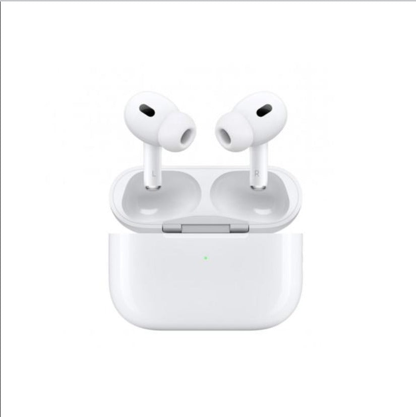 White wireless earbuds in open charging case with green LED indicator
