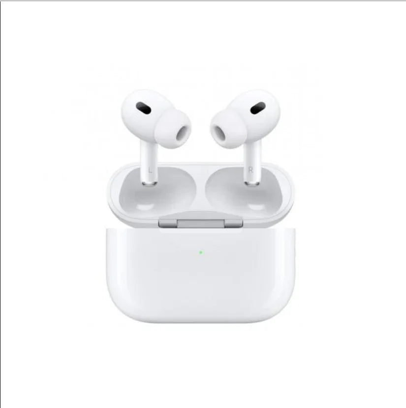 White wireless earbuds in open charging case with green LED indicator