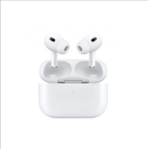 White wireless earbuds in open charging case with green LED indicator