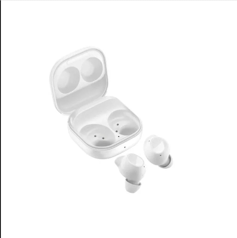 White wireless earbuds with open charging case, sleek design for music and calls