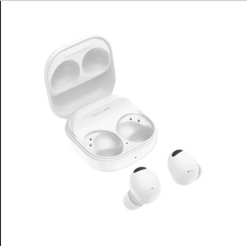 White wireless earbuds with charging case, sleek design, AKG sound branding visible