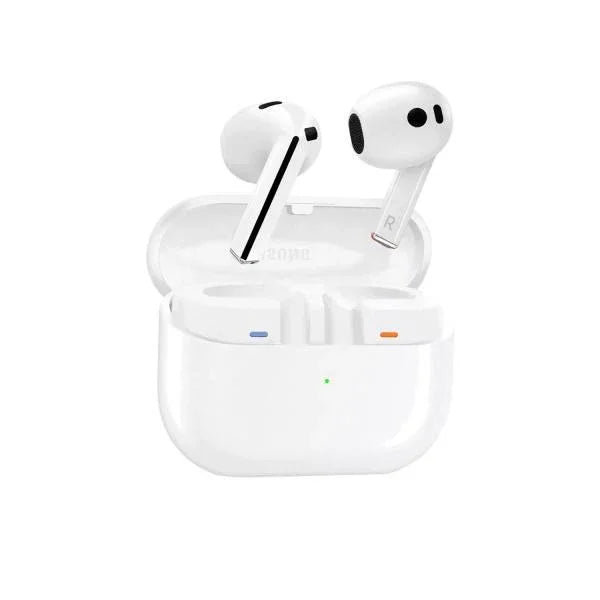 White wireless earbuds with charging case, sleek design, modern Bluetooth headphones for music and calls