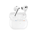White wireless earbuds with charging case, sleek design, modern Bluetooth headphones for music and calls