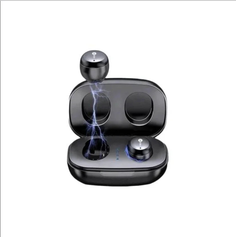 Wireless earbuds with charging case, lightning effect, sleek black design, Bluetooth audio