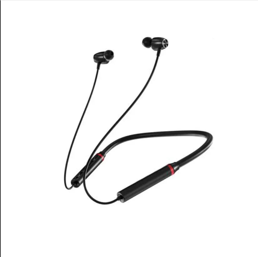 Black wireless neckband earbuds with red accents, ideal for sports and daily use