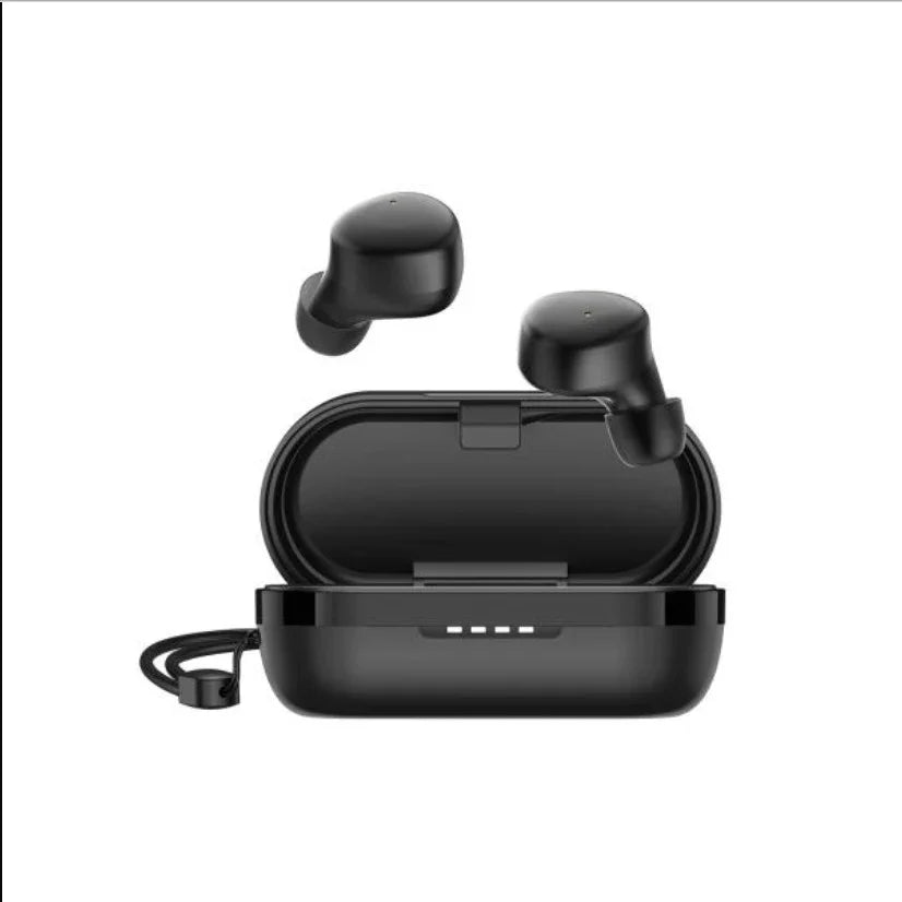 Wireless earbuds with charging case, sleek black design for modern audio needs