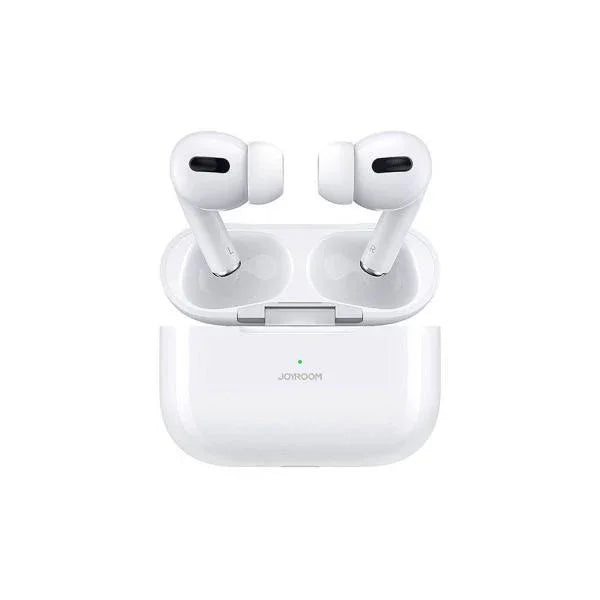 White wireless earbuds in charging case with green LED indicator, sleek modern design