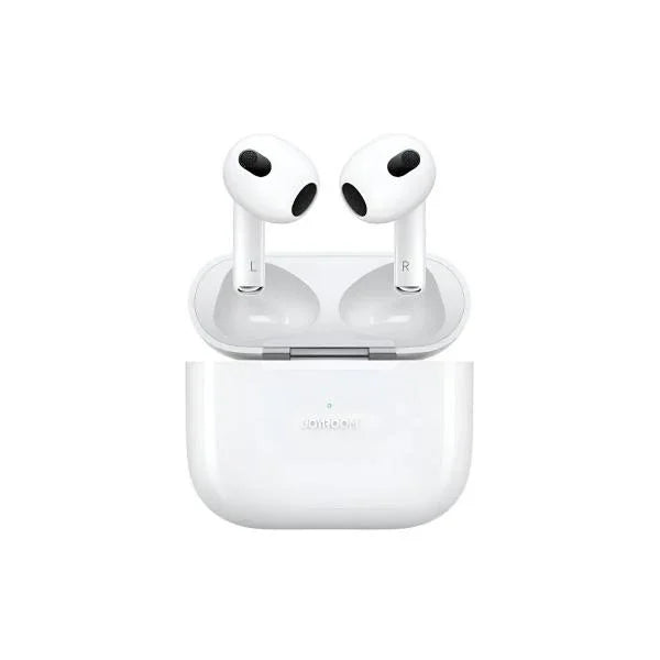 White wireless earbuds with charging case, sleek design for music and calls