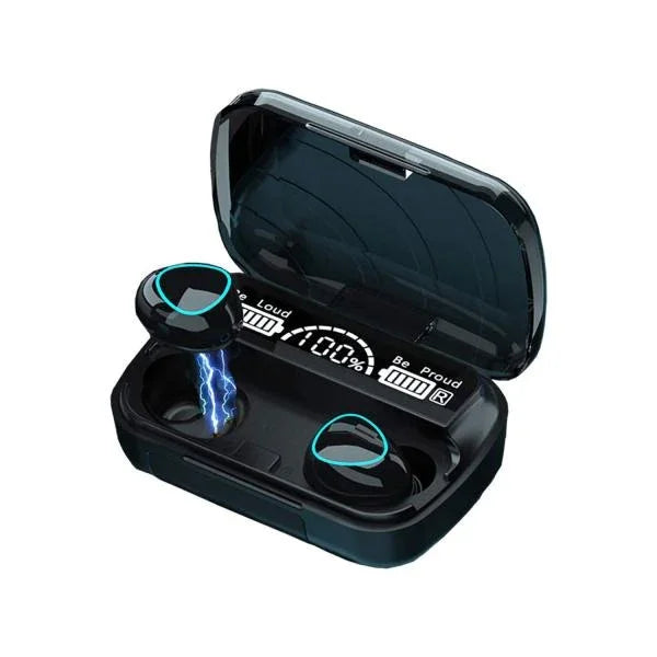 Wireless earbuds with charging case displaying battery level and LED indicators