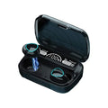 Wireless earbuds with charging case displaying battery level and LED indicators