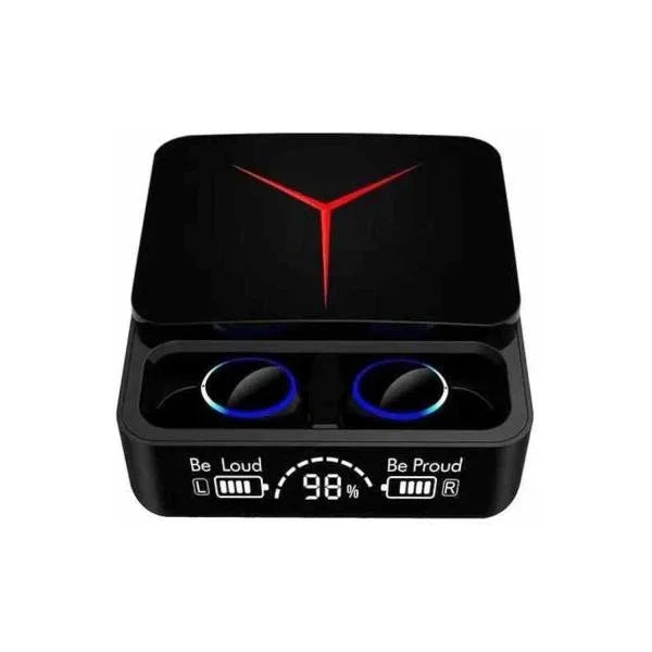Wireless earbuds with LED battery display, glowing blue drivers, and red Y-logo charging case