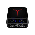Wireless earbuds with LED battery display, glowing blue drivers, and red Y-logo charging case