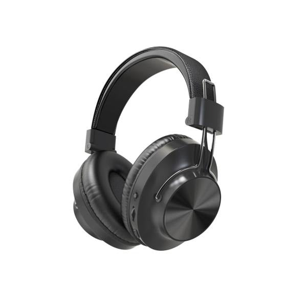 Black over-ear wireless headphones with padded headband and ear cups, sleek modern design