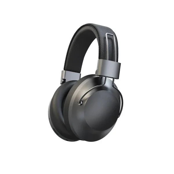 Black over-ear wireless headphones with sleek metal accents and padded headband for comfort