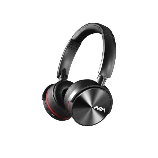 Black wireless headphones with red accents and NIA logo, over-ear design for immersive audio