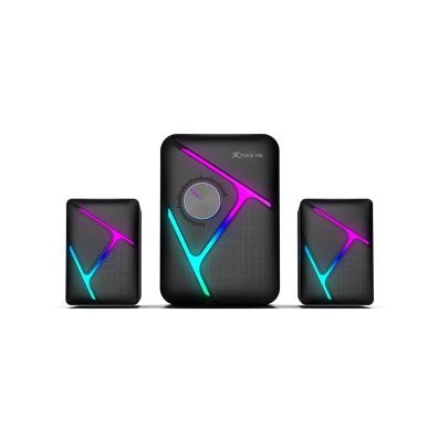 RGB gaming speaker set with vibrant neon lighting and sleek black design for immersive audio