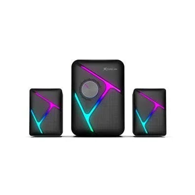 RGB gaming speaker set with vibrant neon lighting and sleek black design for immersive audio