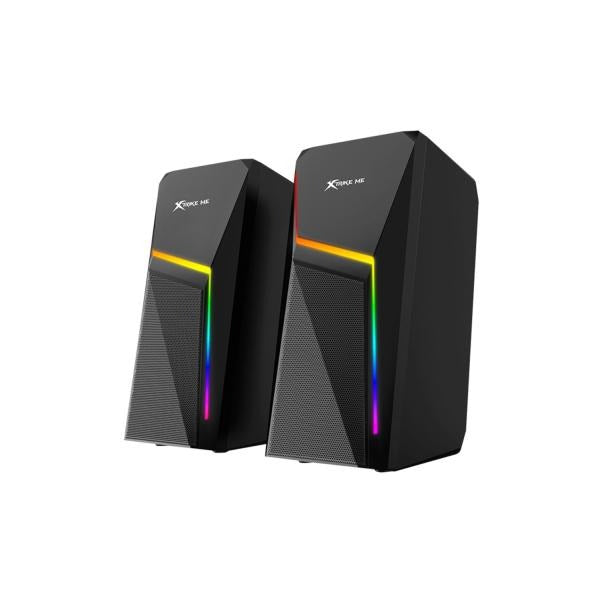 Black gaming speakers with RGB lighting, sleek design for immersive audio experience