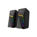 Black gaming speakers with RGB lighting, sleek design for immersive audio experience