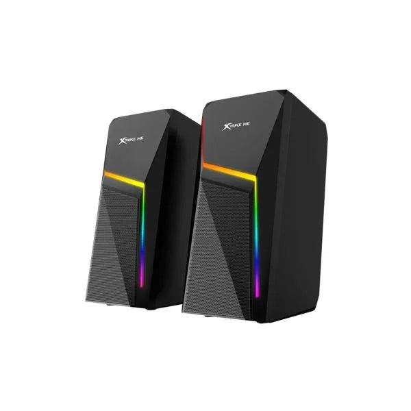 Black gaming speakers with RGB lighting, sleek design for immersive audio experience