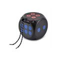 Portable Bluetooth speaker shaped like a dice with blue dots and control buttons, perfect for travel and parties.