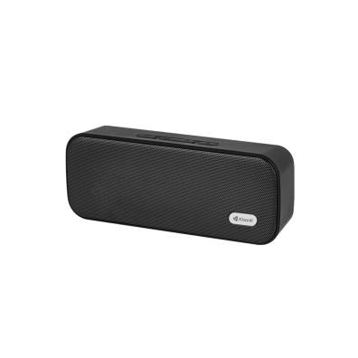 Compact black portable Bluetooth speaker with textured grille and logo