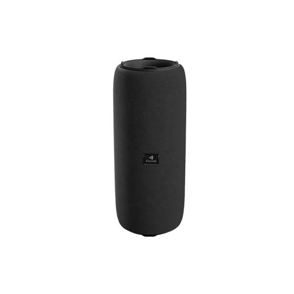 Black portable Bluetooth speaker with textured fabric finish and compact design