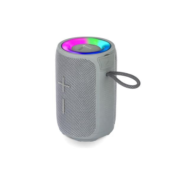 Portable Bluetooth speaker with RGB light ring and carrying strap, ideal for outdoor use