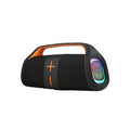 Portable Bluetooth speaker with RGB light display and orange handle, ideal for outdoor use