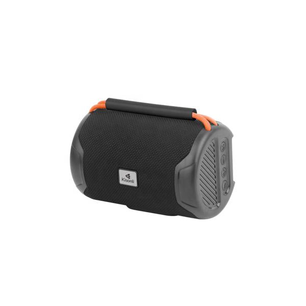 Portable Bluetooth speaker with orange accents, rugged design, and control buttons for wireless audio playback.