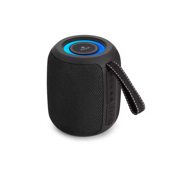 Portable Bluetooth speaker with blue LED ring and carrying strap, compact wireless audio device