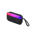 Portable Bluetooth speaker with RGB light strip and carry strap, sleek black design for music on the go