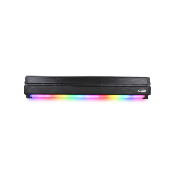 Sleek black soundbar with vibrant RGB lighting, modern home audio setup