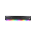 Sleek black soundbar with vibrant RGB lighting, modern home audio setup