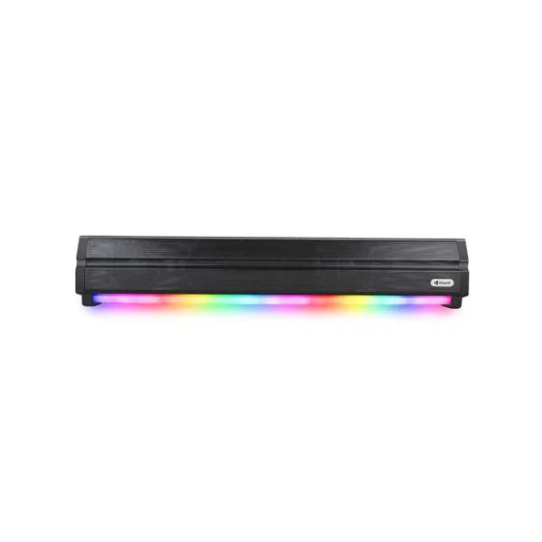 Sleek black soundbar with vibrant RGB lighting, modern home audio setup