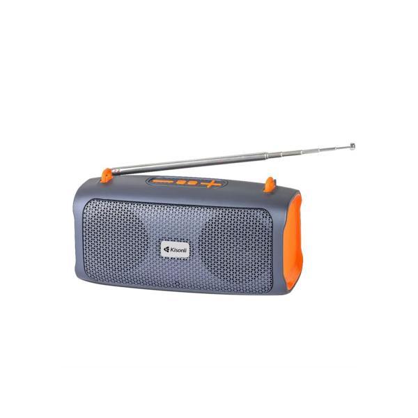 Portable Bluetooth speaker with FM radio antenna, gray and orange design, compact wireless audio device