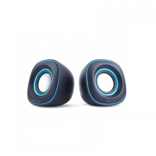 Compact black computer speakers with blue LED rings, ideal for desktop audio enhancement.