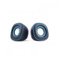 Compact black computer speakers with blue LED rings, ideal for desktop audio enhancement.