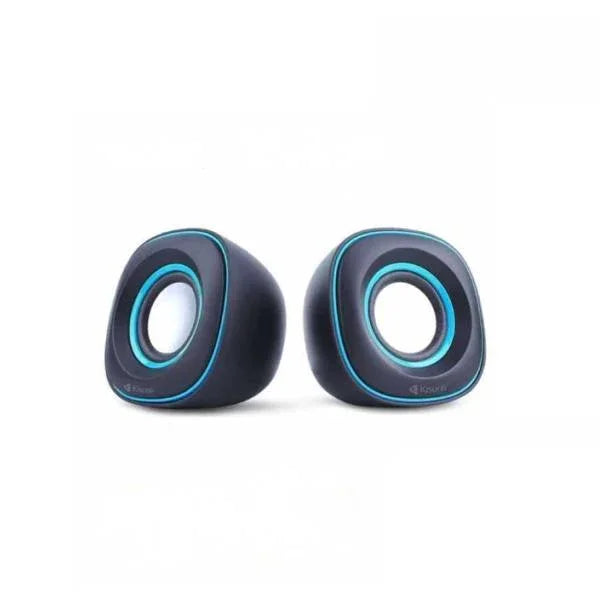 Compact black computer speakers with blue LED rings, ideal for desktop audio enhancement.
