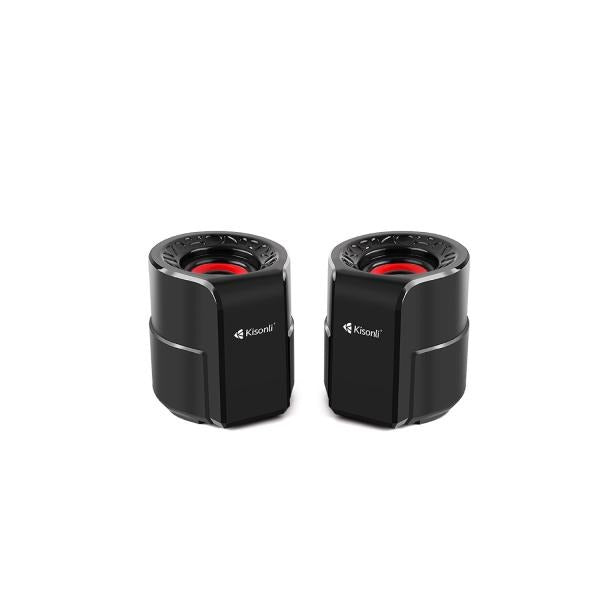 Black Kisonli portable Bluetooth speakers with red drivers, compact design for wireless audio