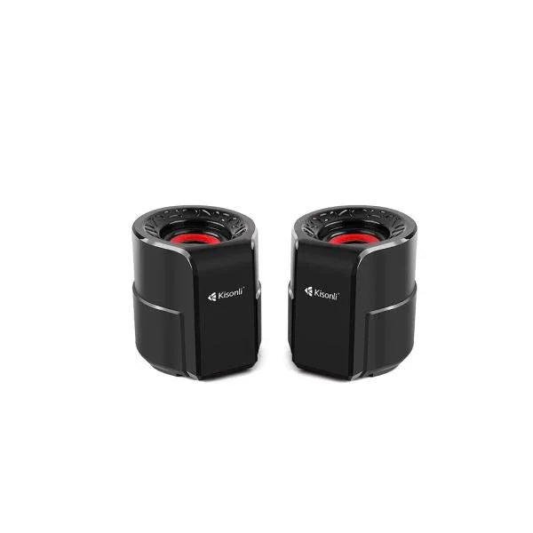 Black Kisonli portable Bluetooth speakers with red drivers, compact design for wireless audio
