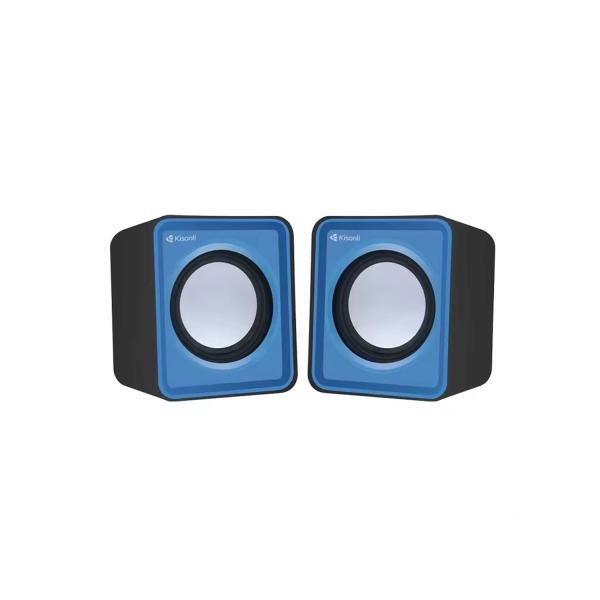 Blue and black compact desktop speakers with circular drivers, ideal for computer audio setup