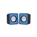 Blue and black compact desktop speakers with circular drivers, ideal for computer audio setup